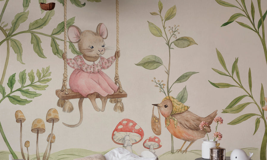 Sandberg mural maatwerk behang voor de meisjeskamer en babykamer vilhelmina beige groen S10593