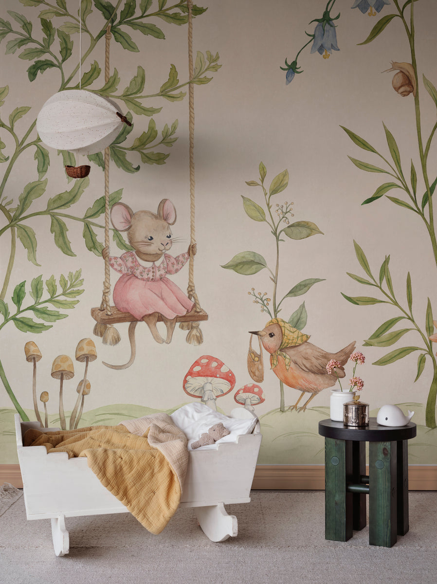 Sandberg mural maatwerk behang voor de meisjeskamer en babykamer vilhelmina beige groen S10593