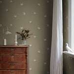 Vogels behang Frida van Sandberg kinderkamer babykamer meisjeskamer neutrale kinderkamer olijfgroen S10626