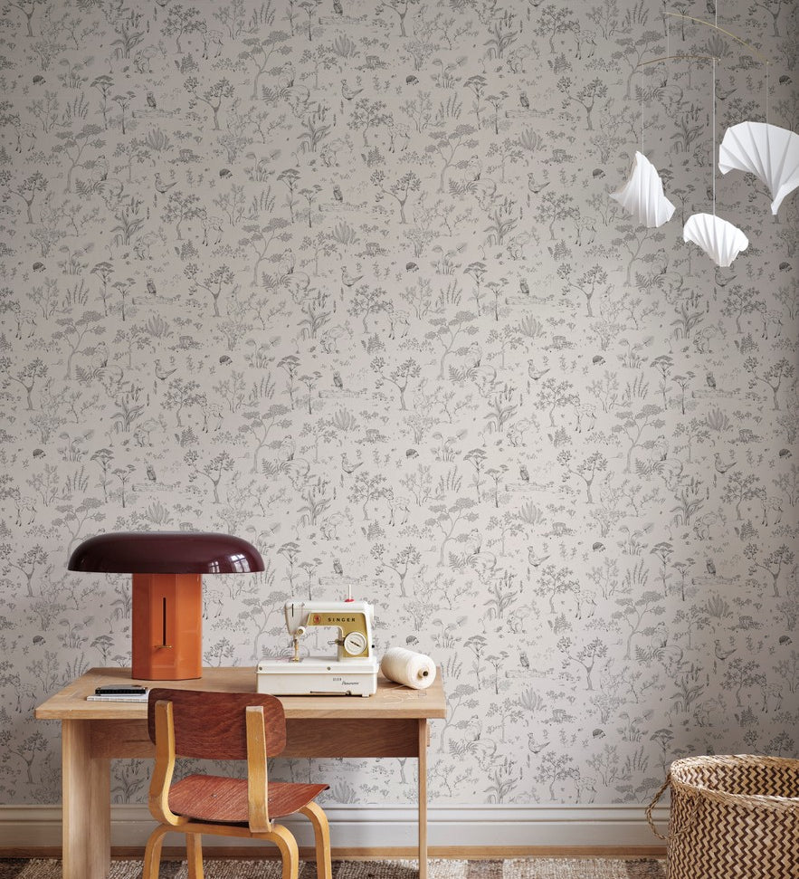 Sandberg Bosdieren behang voor de kinderkamer babykamer Hollie Graphite grijs wit S10642