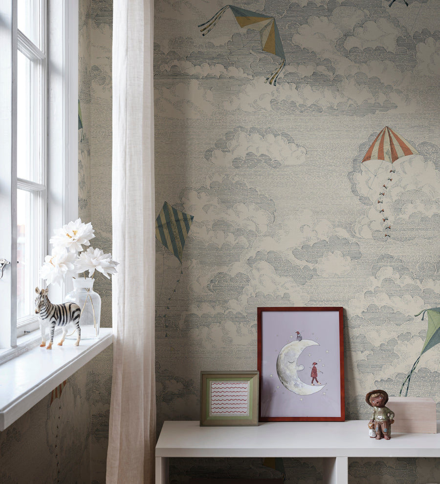 Bonnie and Kites Sandberg Sand zand blauw mural behang voor jongenskamer, babykamer of stoere meisjeskamer. S10644