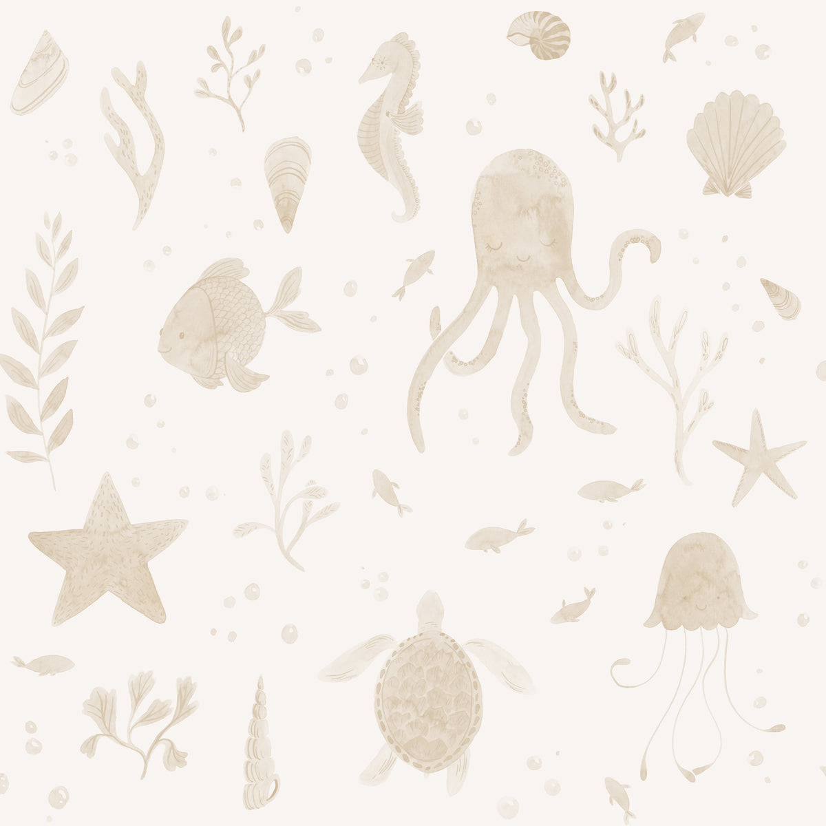Zeedieren behang Della van Sandberg voor kinderkamer met vissen, kwallen, schildpadden. Leuk voor een jongenskamer, meisjeskamer, neutrale kinderkamer en babykamer. Beige S10716
