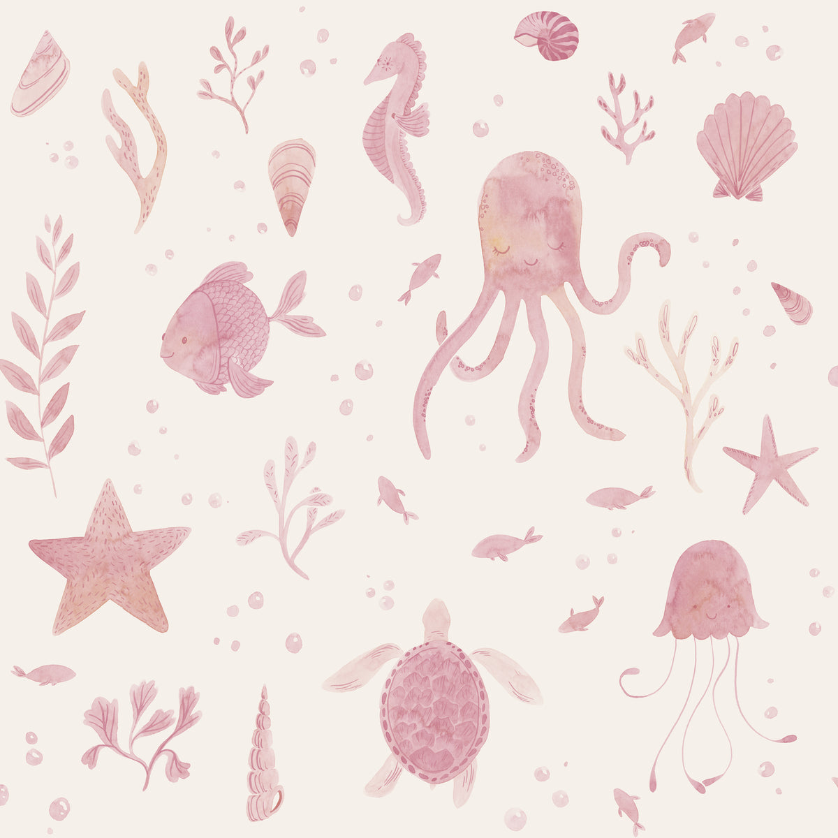 Zeedieren behang Della van Sandberg voor kinderkamer met vissen, kwallen, schildpadden. Leuk voor een  meisjeskamer en babykamer. Pink roze S10717