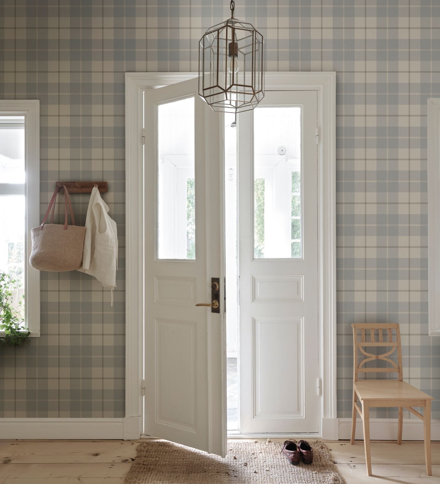Geblokt ruiten behang voor kinderkamer tienerkamer Ranold Sandberg misty blue lichtblauw S11013
