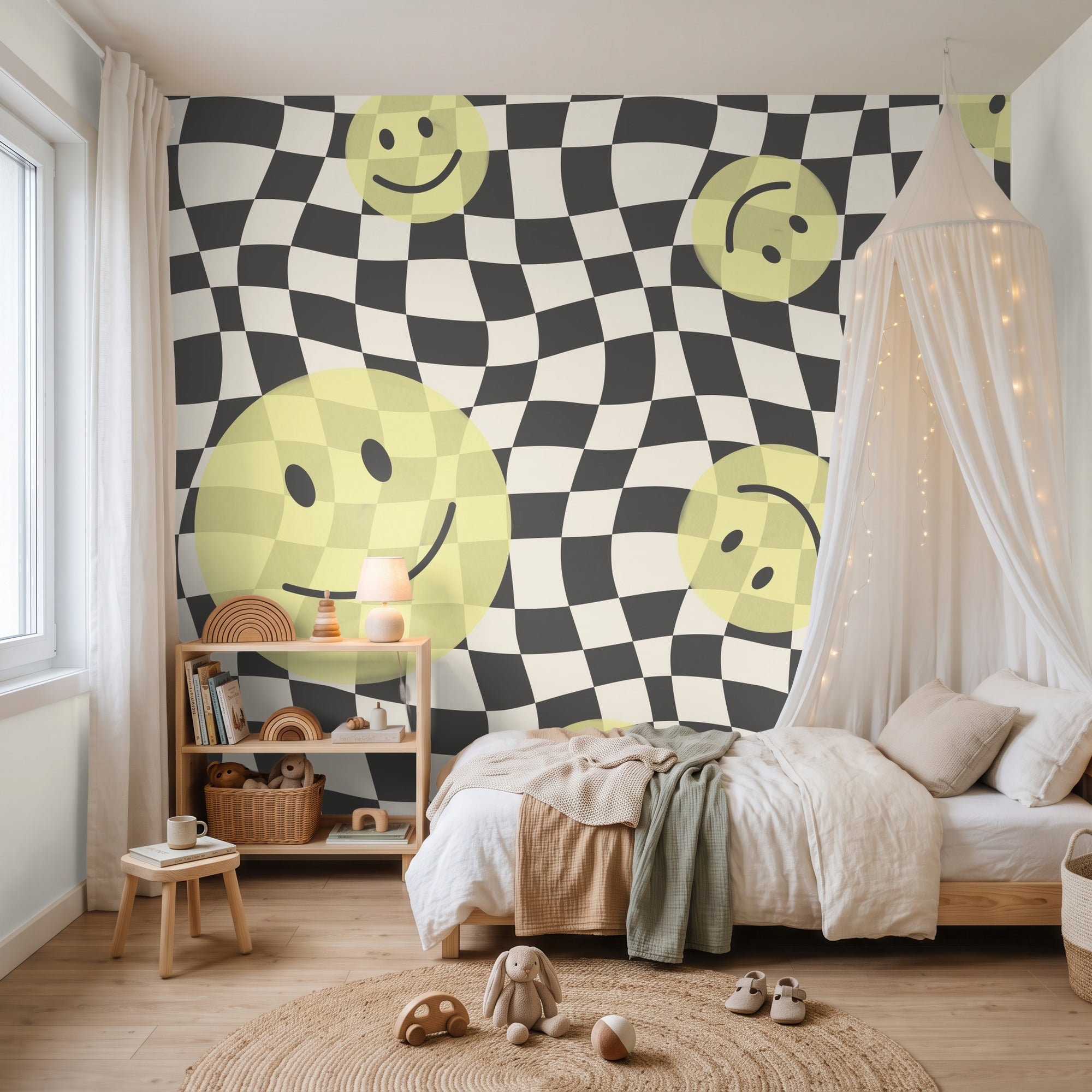 Smiley behang kinderkamer tienerkamer jongenskamer  meidenkamer geel Papr Walls Face the Wall geblokt