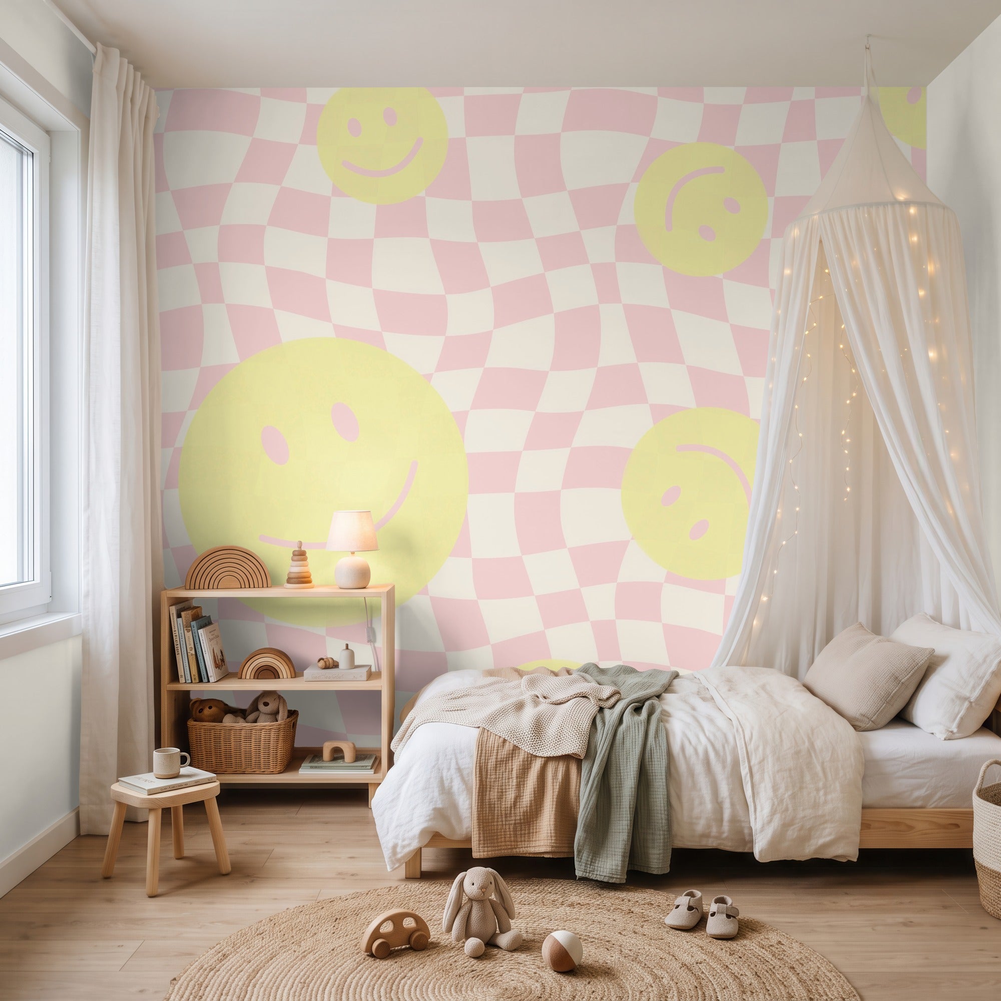 Smiley behang kinderkamer tienerkamer meidenkamer roze geel Papr Walls Face the Wall geblokt