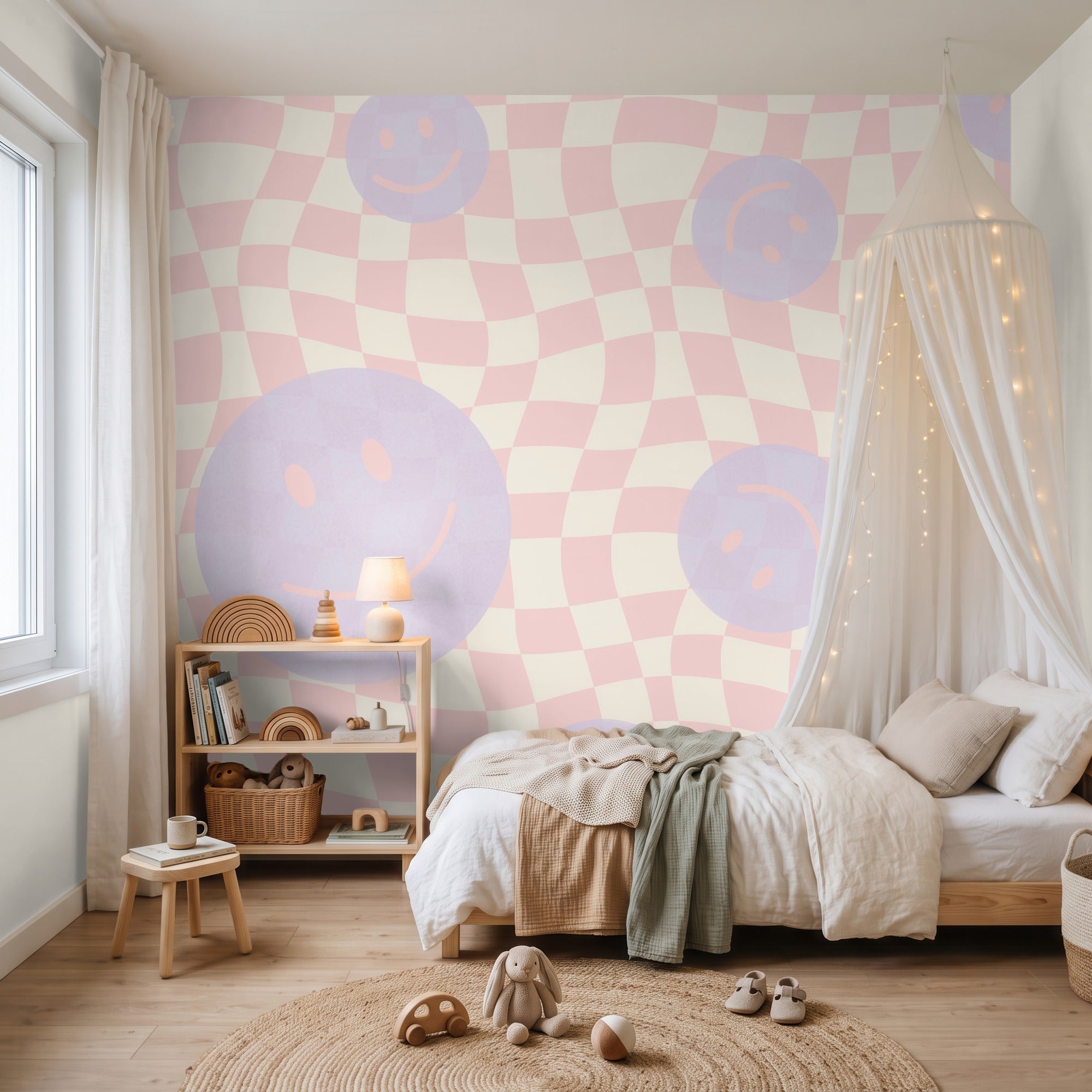 Smiley behang kinderkamer tienerkamer meidenkamer roze lila Papr Walls Face the Wall geblokt