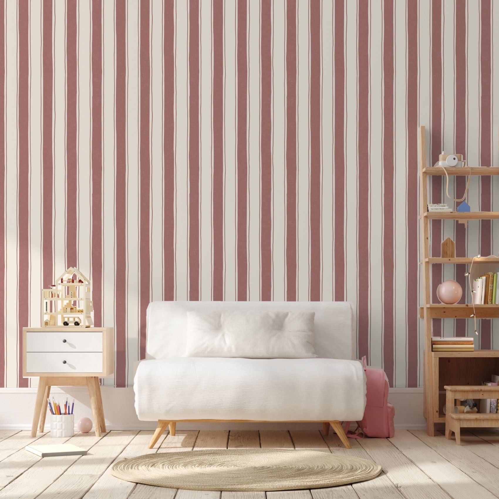 Strepen behang voor de kinderkamer babykamer burgundy jongenskamer Papr Walls
