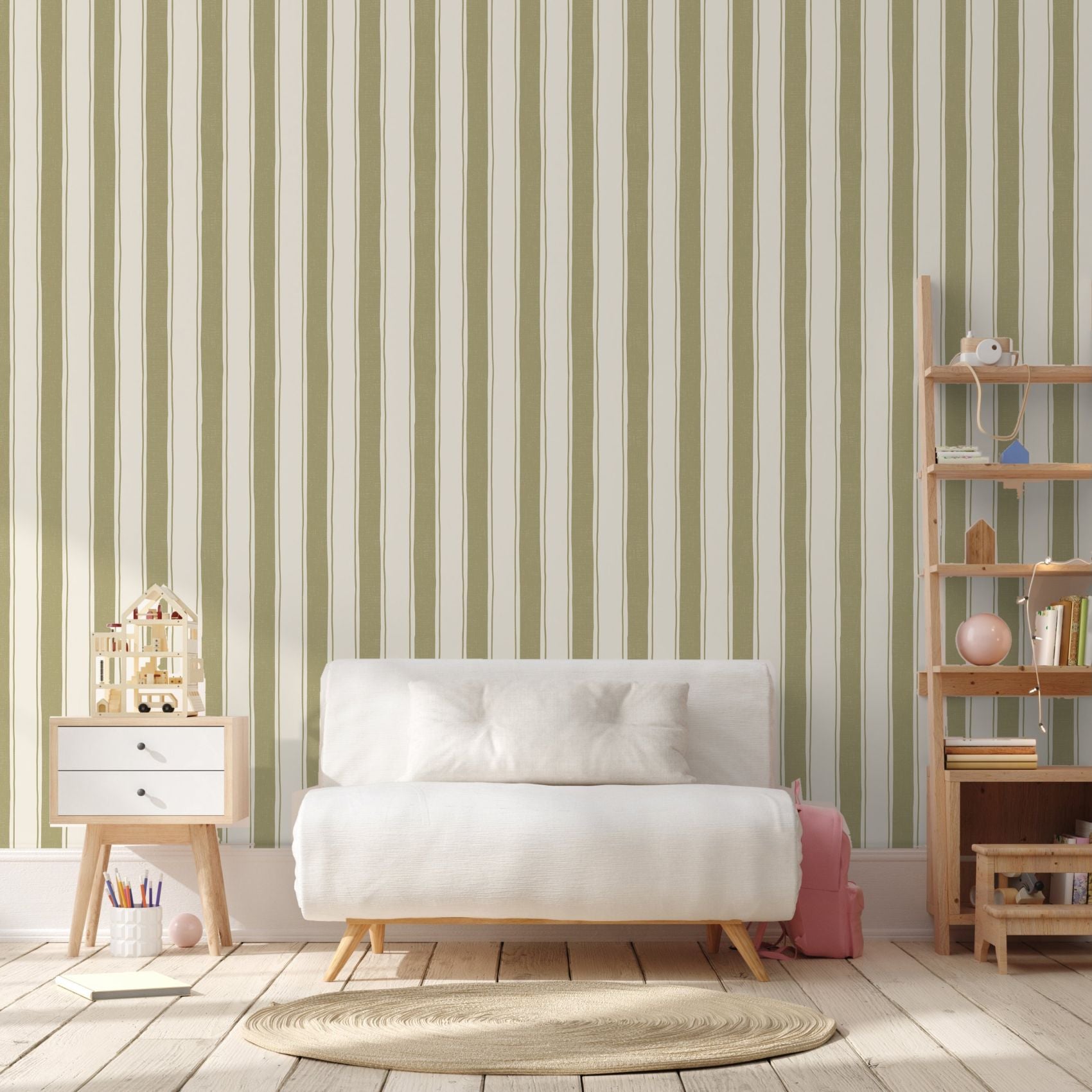 Strepen behang voor de kinderkamer babykamer mosgroen jongenskamer Papr Walls