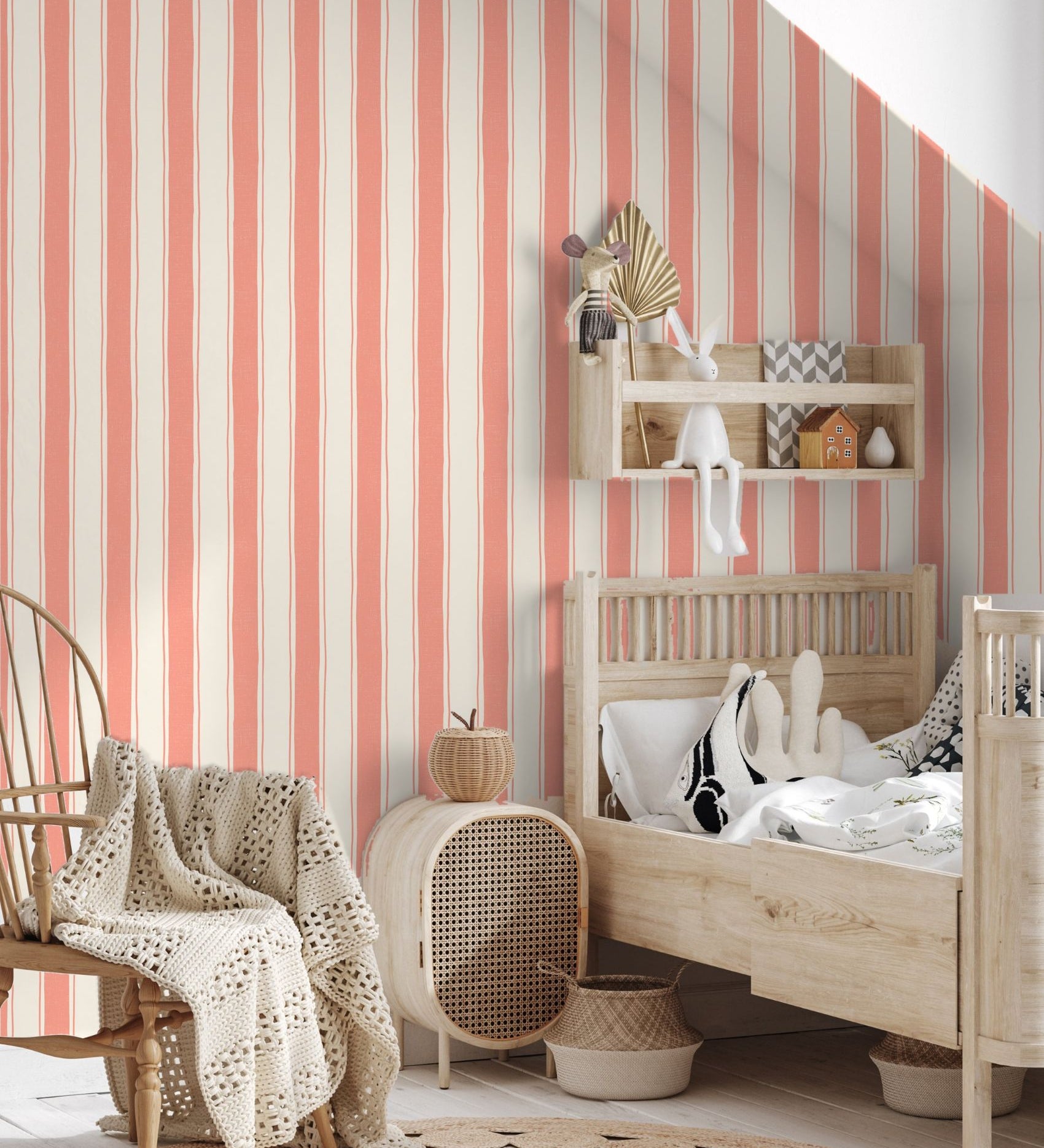 Strepen behang voor de kinderkamer meisjeskamer babykamer koraal Papr Walls