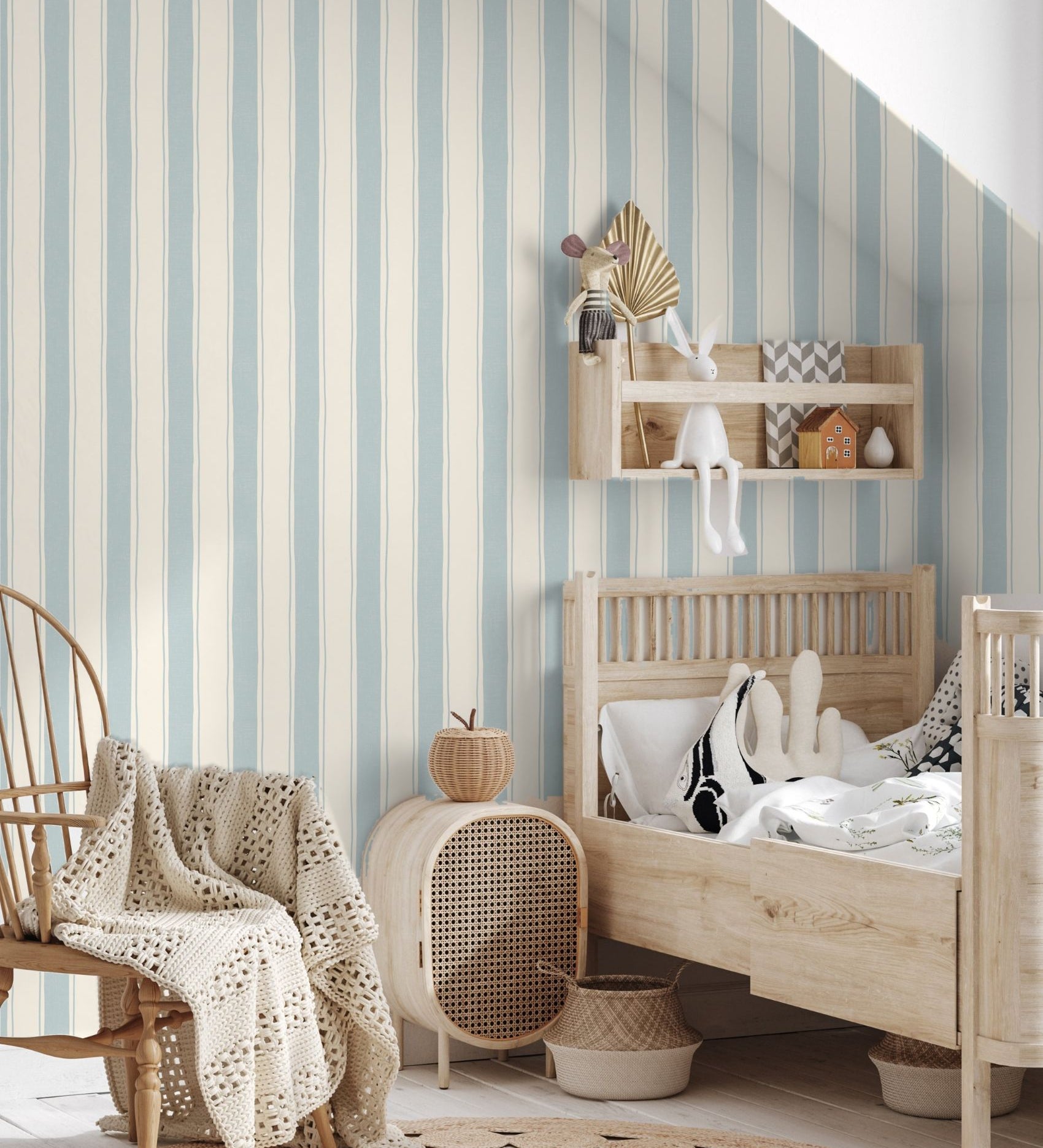 Papr Walls strepen behang voor de babykamer kinderkamer lichtblauw smalle streep
