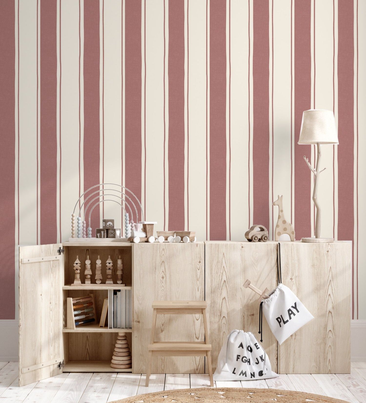 Strepen behang kinderkamer babykamer jongenskamer papr walls straight up wide burgundy