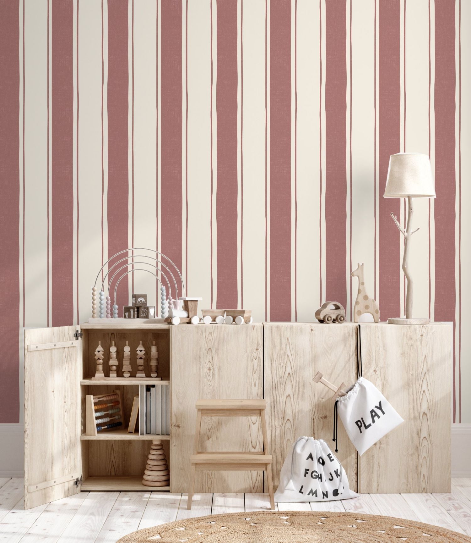 Strepen behang kinderkamer babykamer jongenskamer papr walls straight up wide burgundy