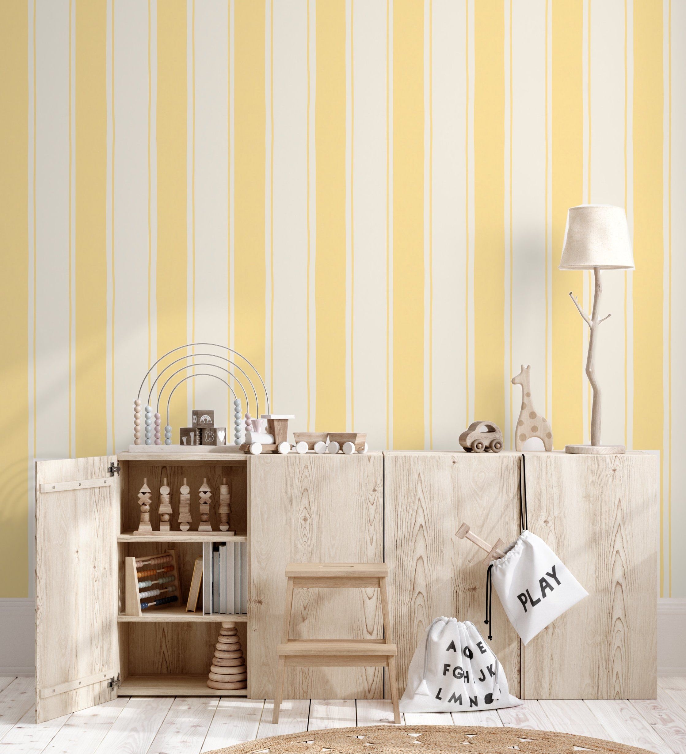 Strepen behang kinderkamer meisjeskamer babykamer geel botergeel zachtgeel