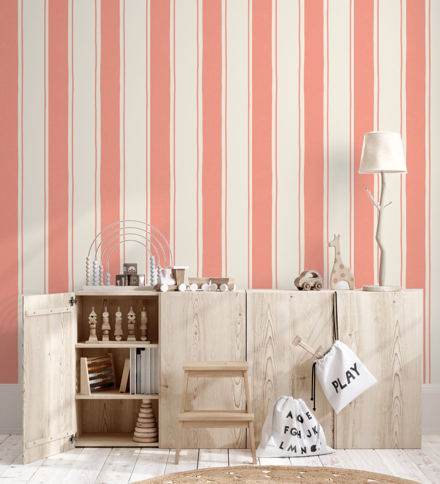 Strepen behang kinderkamer meisjeskamer babykamer koraal roze