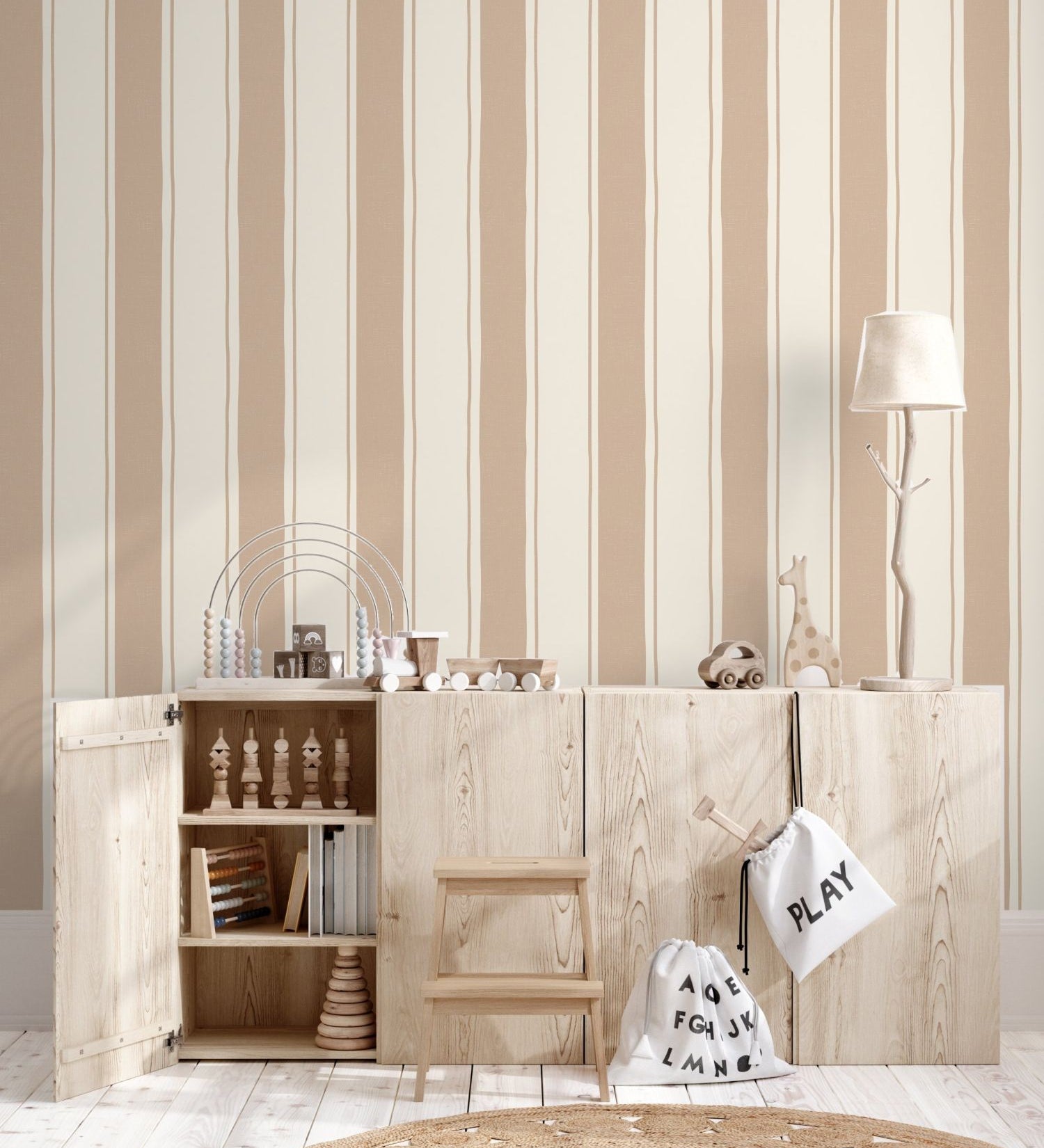 Strepen behang kinderkamer jongenskamer babykamer warm beige camel 