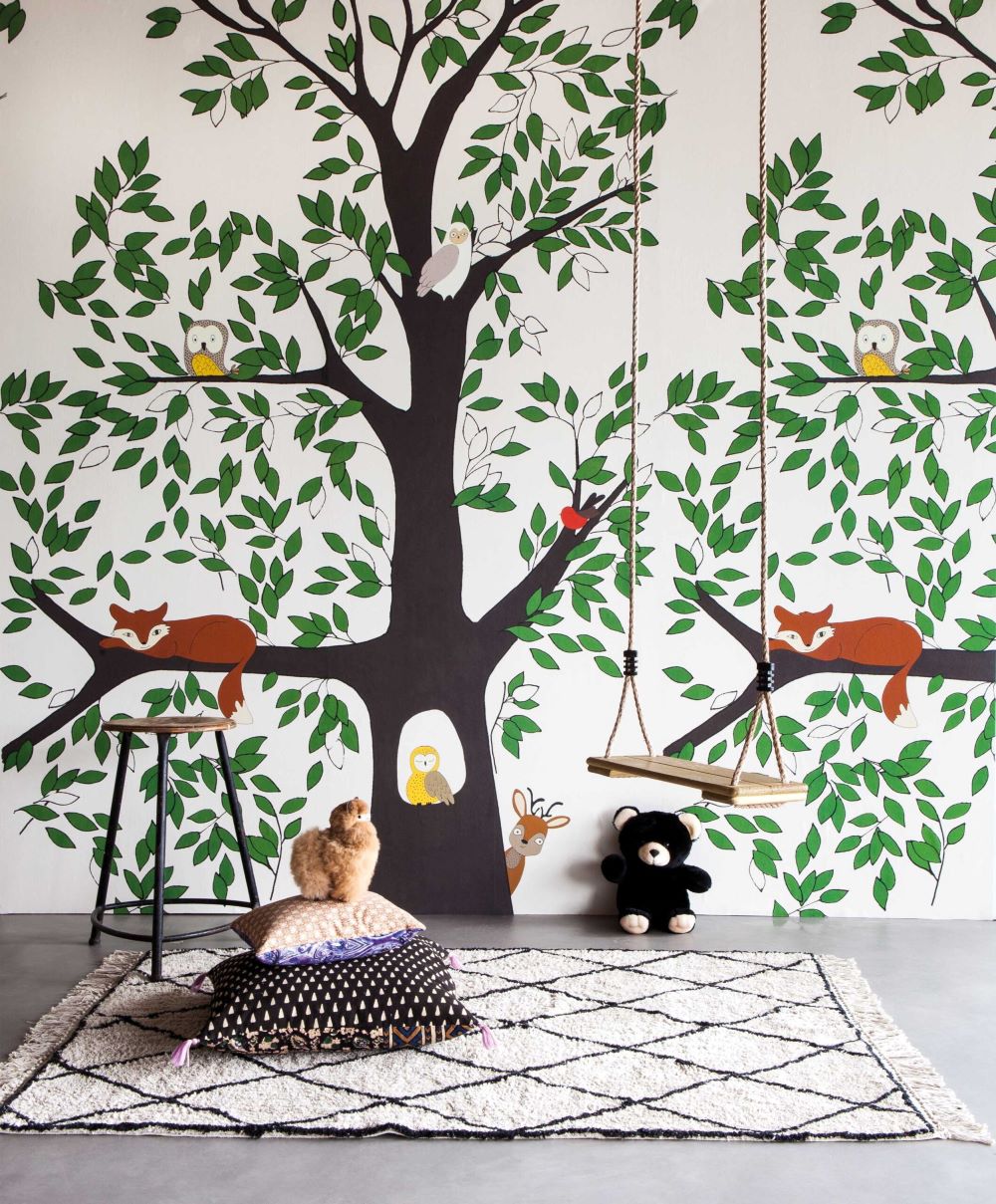 Kinderkamer behang studio onszelf boom fox in forest wit