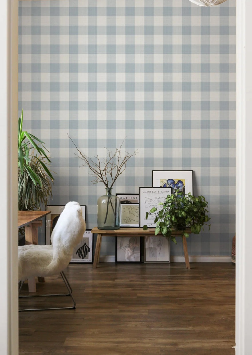 Geruit behang voor de kinderkamer en babykamer linnen look Summer Gray Linen blauw