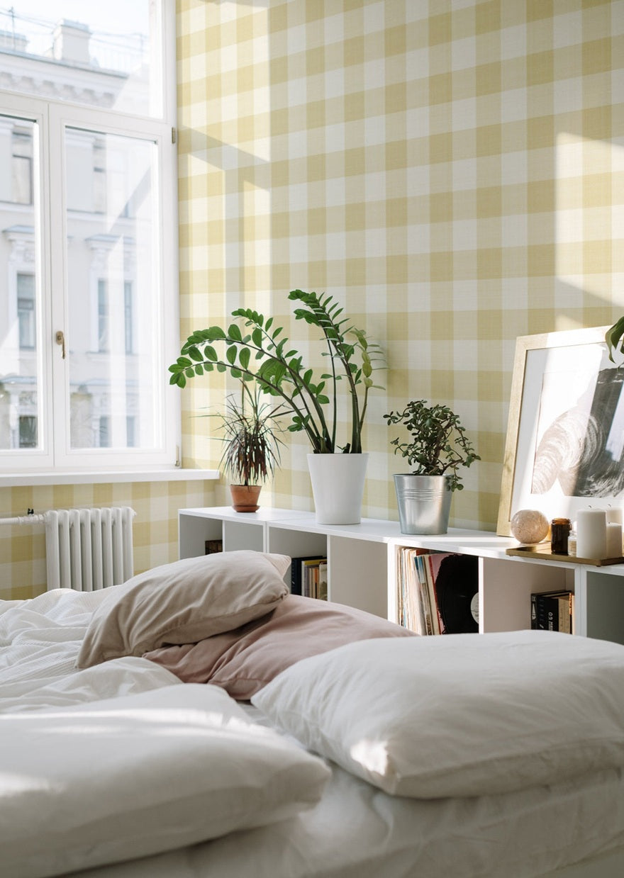 Geruit behang voor de kinderkamer en babykamer linnen look Summer Gray Linen geel