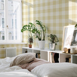 Geruit behang voor de kinderkamer en babykamer linnen look Summer Gray Linen geel