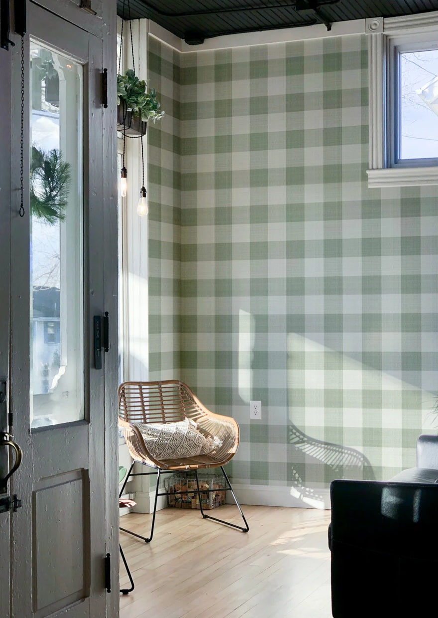 Geruit behang voor de kinderkamer en babykamer linnen look Summer Gray Linen groen