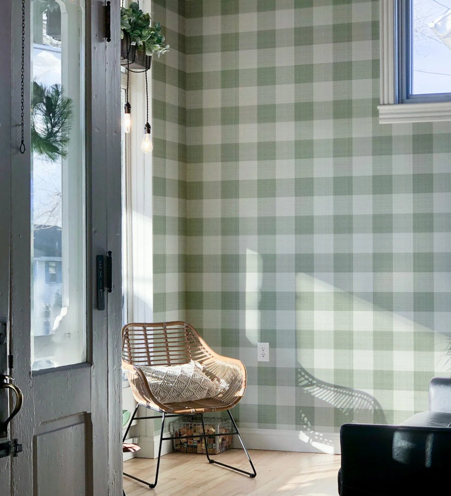 Geruit behang voor de kinderkamer en babykamer linnen look Summer Gray Linen groen