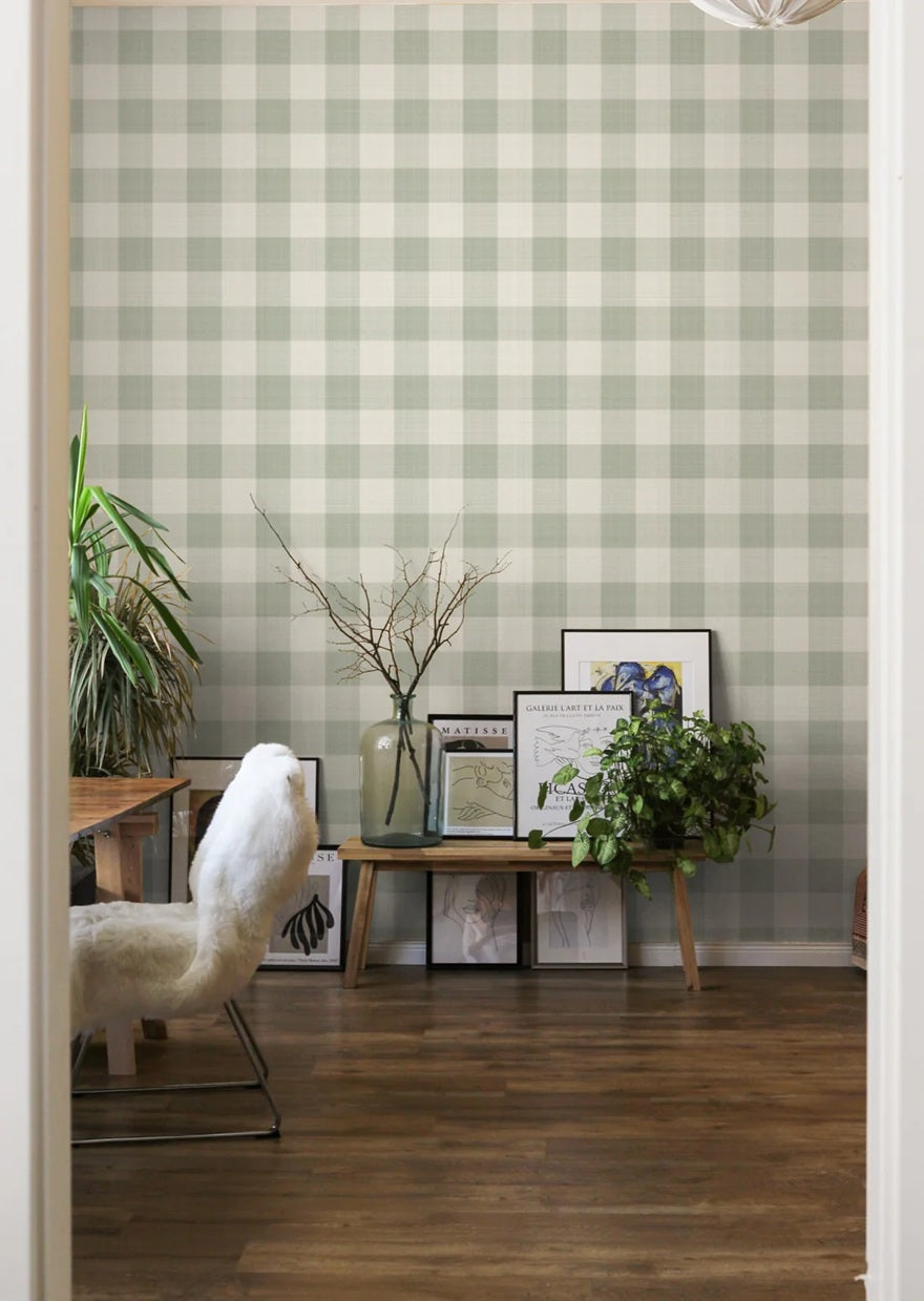 Geruit behang voor de kinderkamer en babykamer linnen look Summer Gray Linen groen