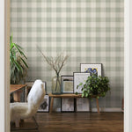 Geruit behang voor de kinderkamer en babykamer linnen look Summer Gray Linen groen