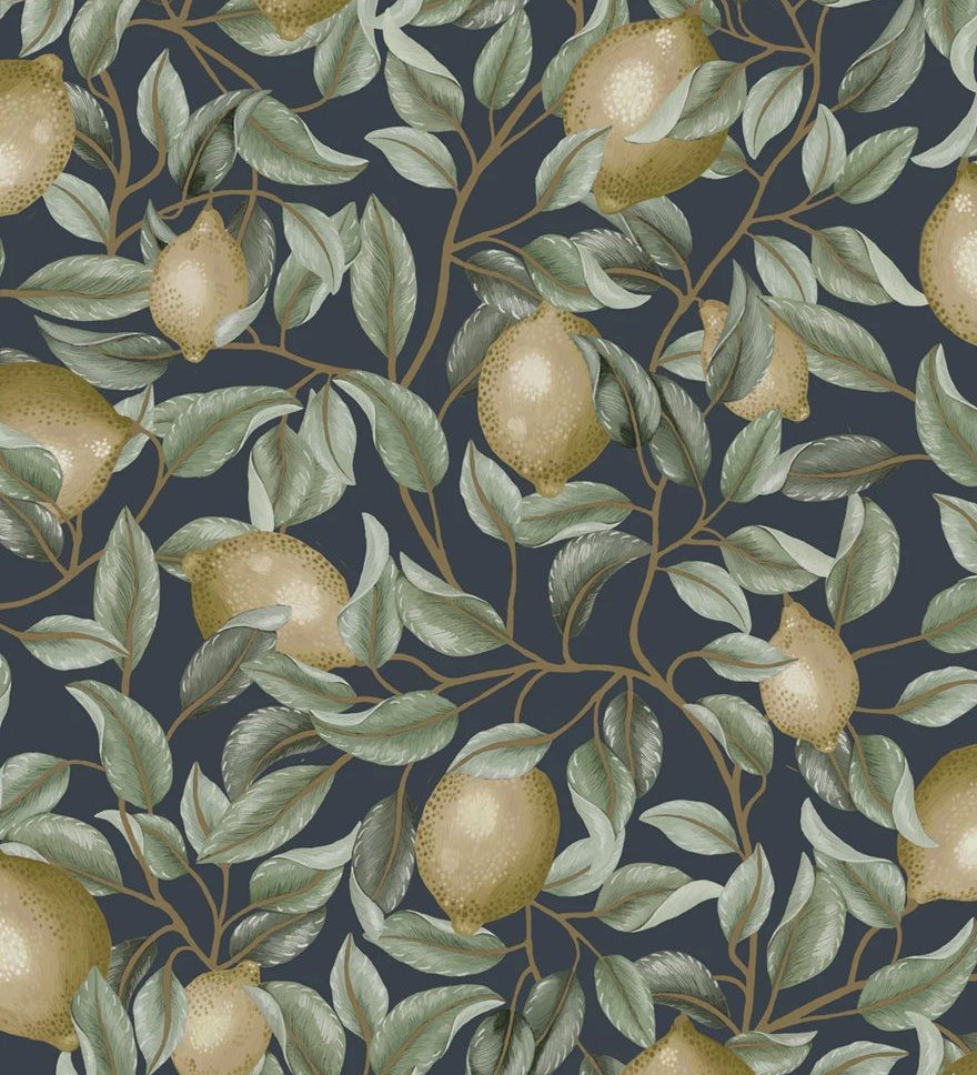 Summer Gray Lemon Trees midnight blue Citroenen behang voor de kinderkamer donker blauw