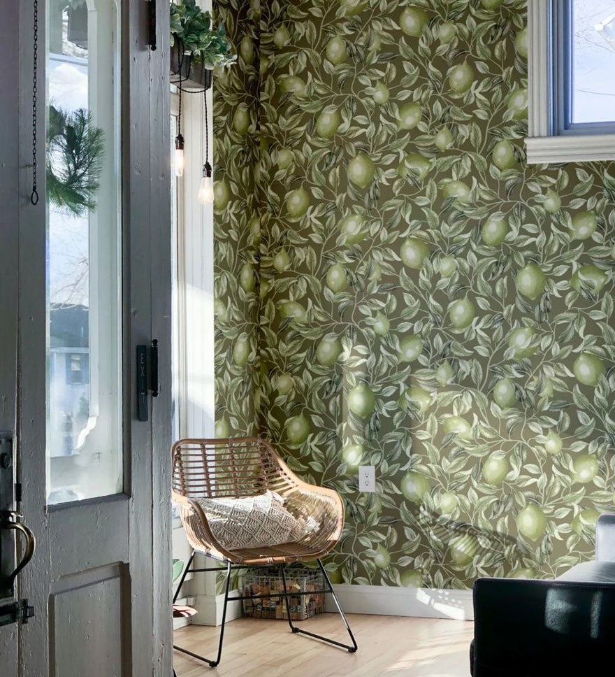 Summer Gray Lemon Trees Olive Green Citroenen behang voor de kinderkamer groen bruin