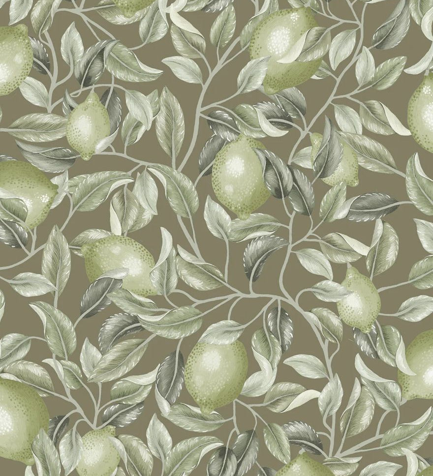 Summer Gray Lemon Trees Olive Green Citroenen behang voor de kinderkamer groen bruin