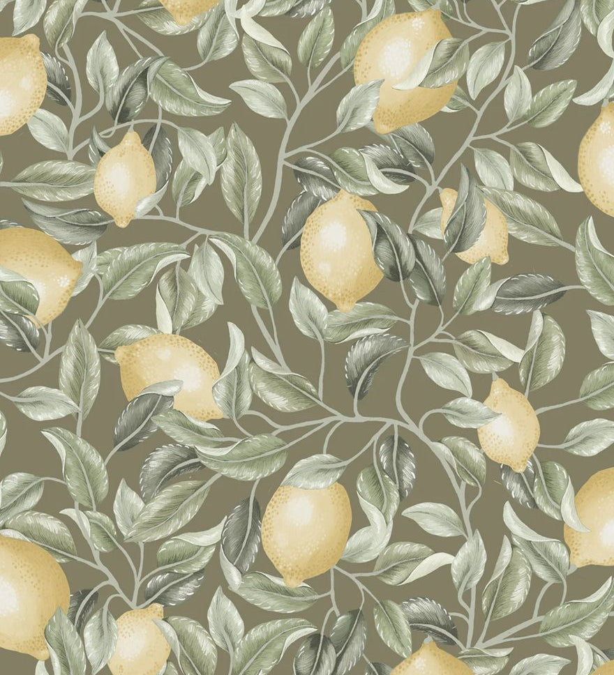 Summer Gray Lemon Trees Sage Green Citroenen behang voor de kinderkamer groen bruin