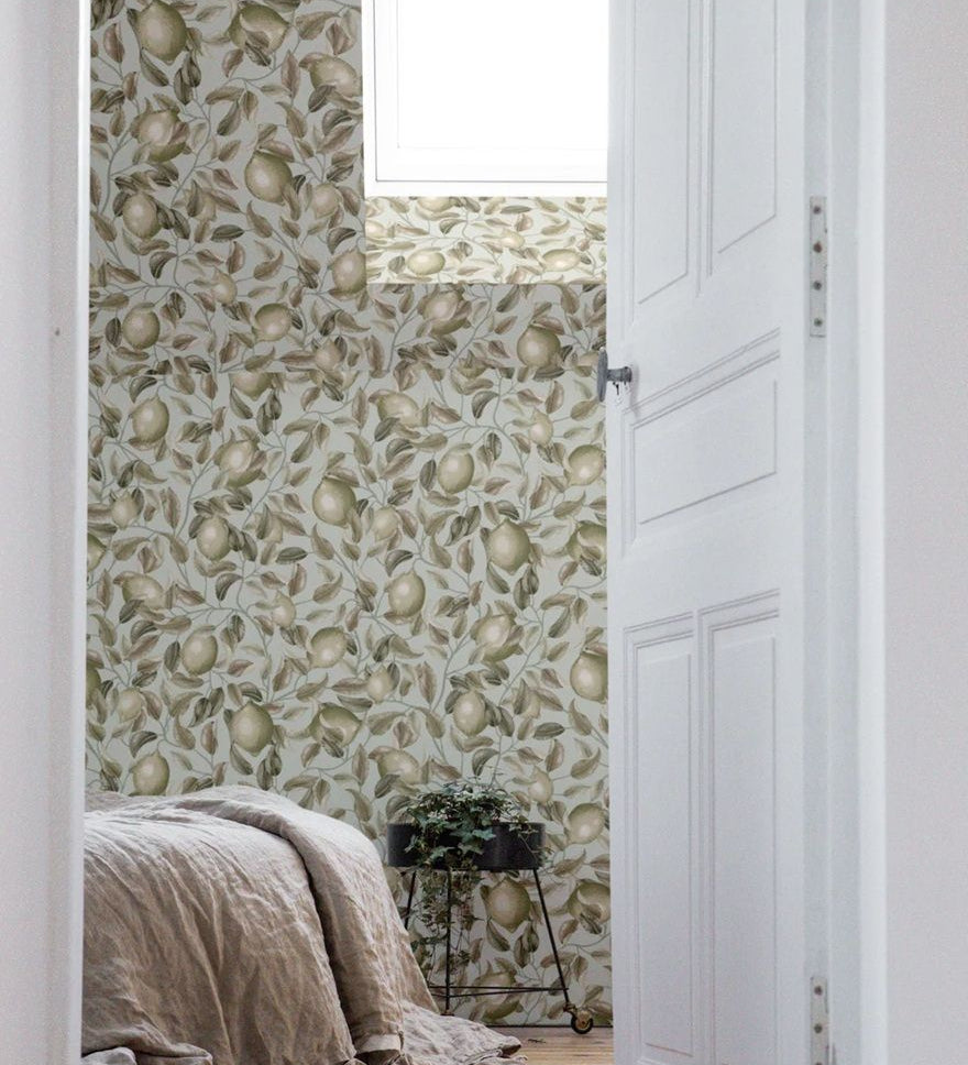 Summer Gray Lemon Trees seagrass Green Citroenen behang voor de kinderkamer groen  beige