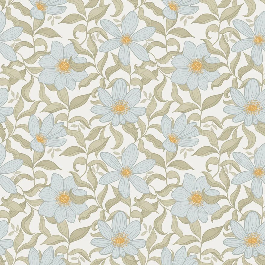 Summer Gray Fredrik Lake bloemenbehang voor de kinderkamer en babykamer in offwhite groen en lichtblauwe kleuren.