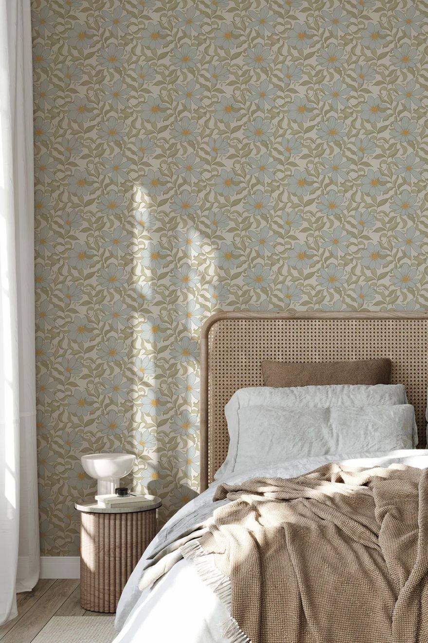 Summer Gray Fredrik Lake bloemenbehang voor de kinderkamer en babykamer in offwhite groen en lichtblauwe kleuren.