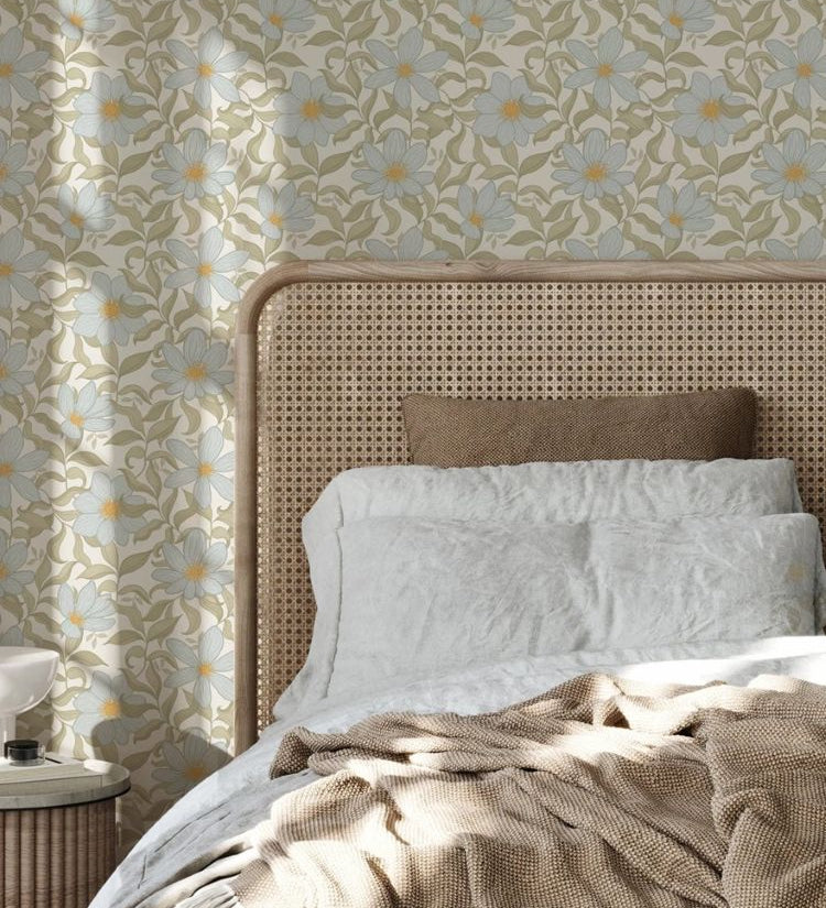 Summer Gray Fredrik Lake bloemenbehang voor de kinderkamer en babykamer in offwhite groen en lichtblauwe kleuren.