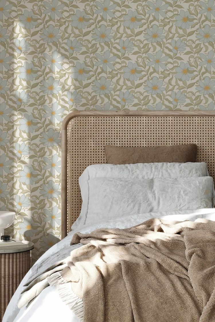 Summer Gray Fredrik Lake bloemenbehang voor de kinderkamer en babykamer in offwhite groen en lichtblauwe kleuren.