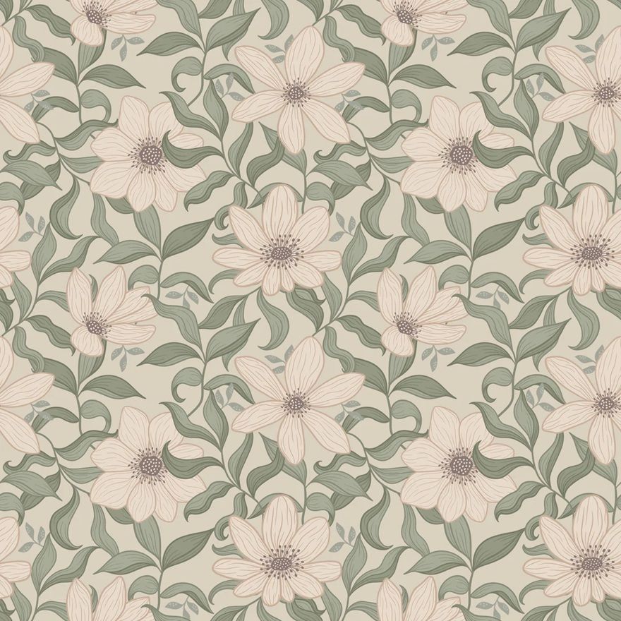 Summer Gray Fredrik Spring bloemenbehang voor de kinderkamer en babykamer in beige groen en offwhite kleuren.