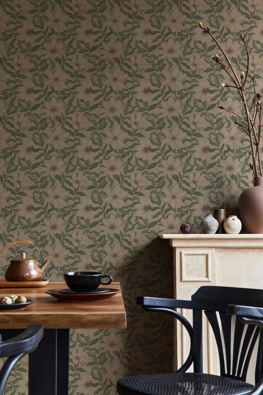 Summer Gray Fredrik Spring bloemenbehang voor de kinderkamer en babykamer in beige groen en offwhite kleuren.