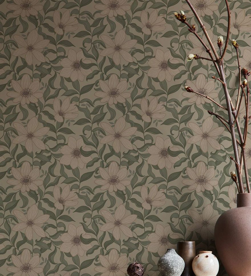 Summer Gray Fredrik Spring bloemenbehang voor de kinderkamer en babykamer in beige groen en offwhite kleuren.