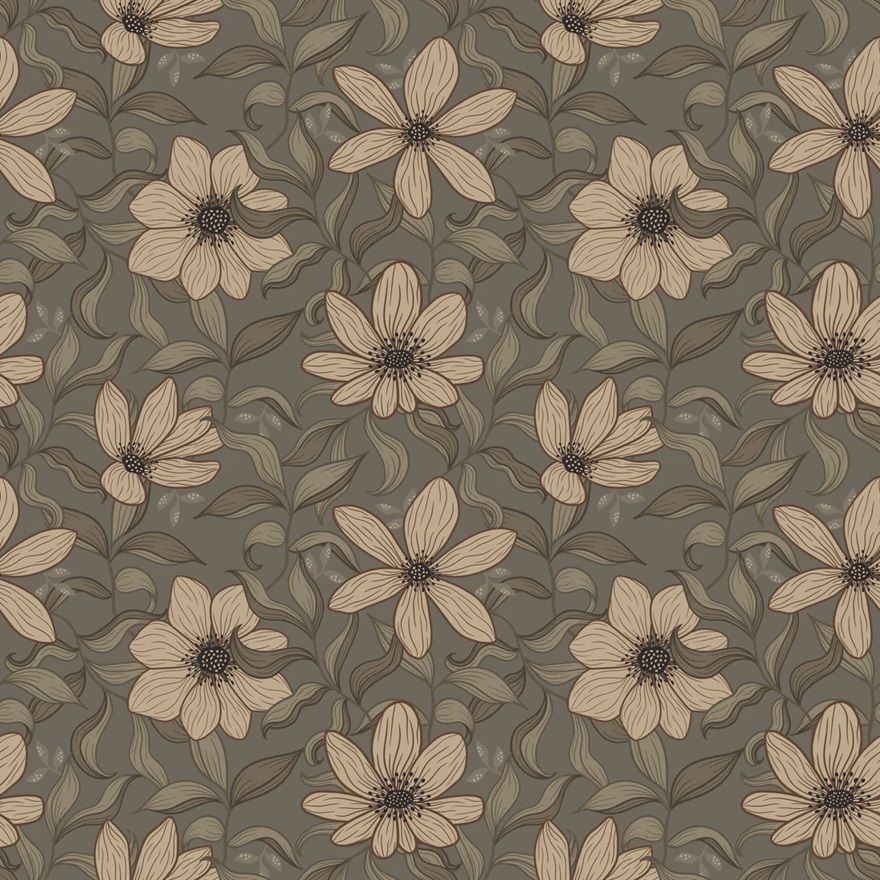 Summer Gray Fredrik Taupe bloemenbehang voor de kinderkamer en babykamer in taupe groen en offwhite kleuren.