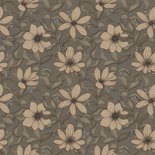 Summer Gray Fredrik Taupe bloemenbehang voor de kinderkamer en babykamer in taupe groen en offwhite kleuren.