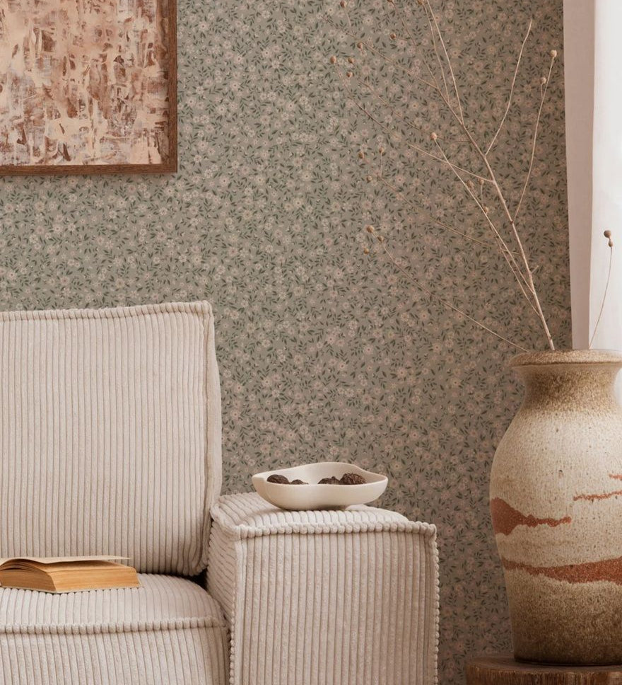 Summer Gray Freja Meadow bloemen behang voor de kinderkamer lichtgroen met witte bloemetjes 