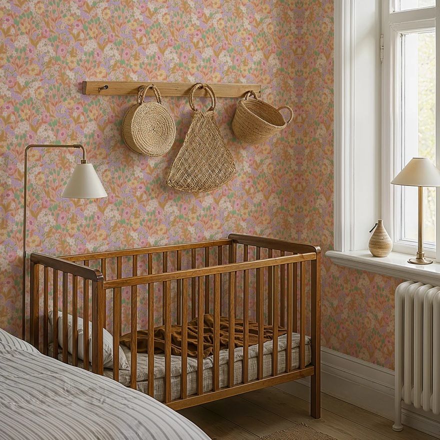 Summer Gray Lola petit bloemenbehang voor meisjeskamer apricot abrikoos roze