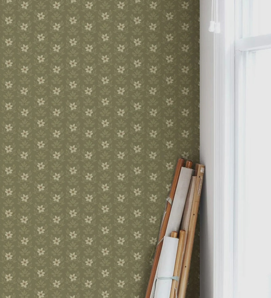 Summer Gray Wood Anemone green bloemen behang voor de meisjeskamer of babykamer groen
