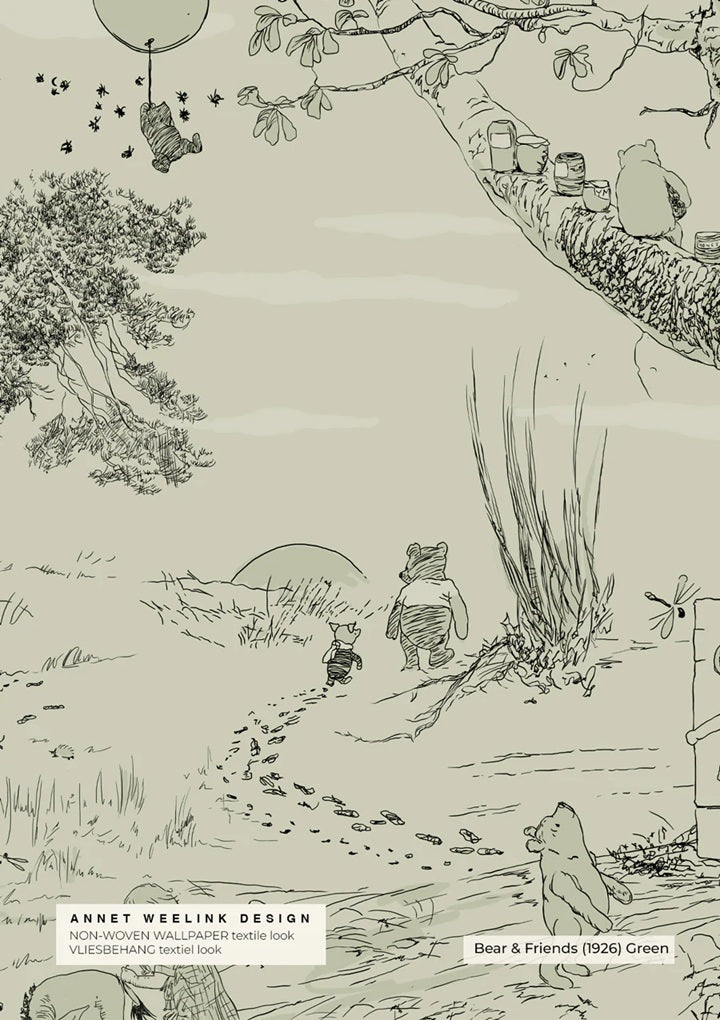 Vintage cartoon behang annet weelink voor de kinderkamer winnie the poeh babykamer neutrale babykamer jongenskamer meisjeskamer groen
