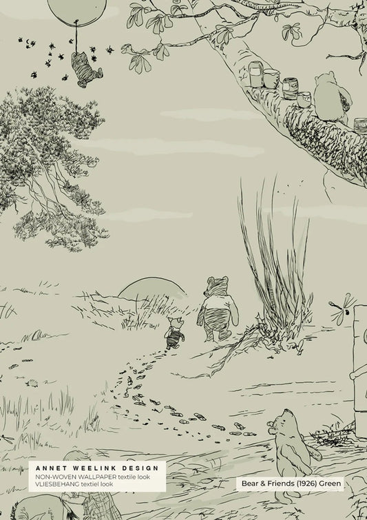 Vintage cartoon behang annet weelink voor de kinderkamer winnie the poeh babykamer neutrale babykamer jongenskamer meisjeskamer groen