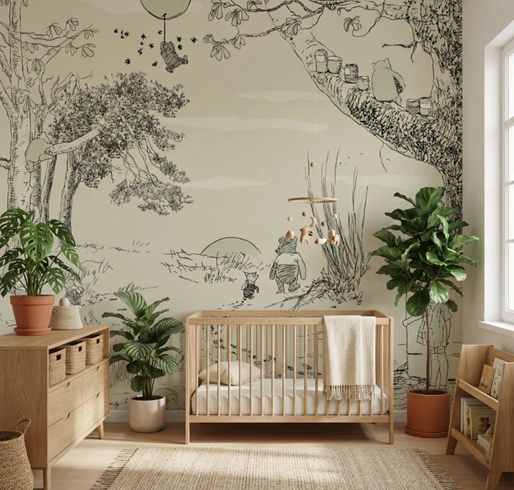 Vintage cartoon behang annet weelink voor de kinderkamer winnie the poeh babykamer neutrale babykamer jongenskamer meisjeskamer groen