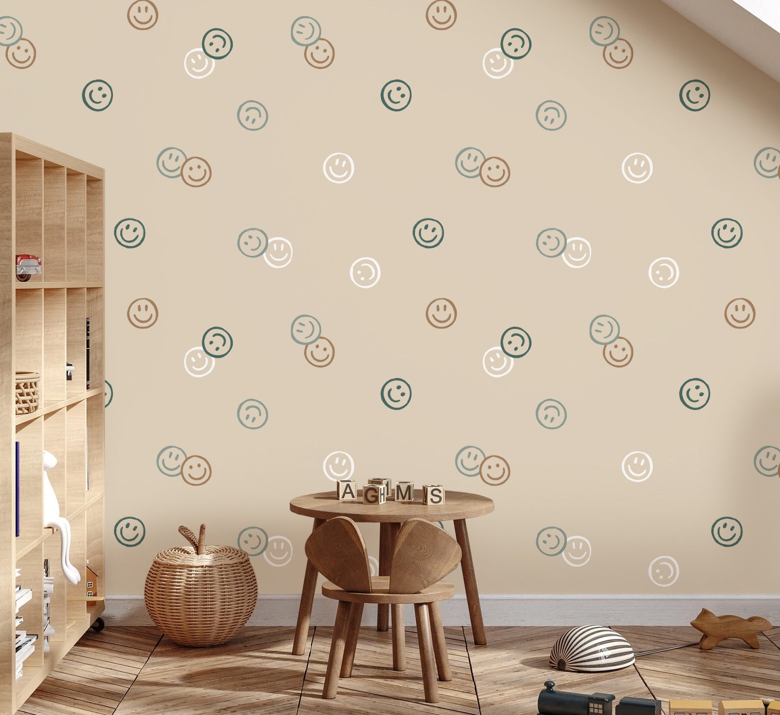 Smiley confetti behang voor kinderkamer beige neutraal Volpracht 