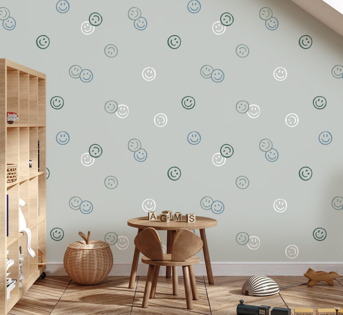 Smiley behang smiley confetti volpracht jongenskamer blauw